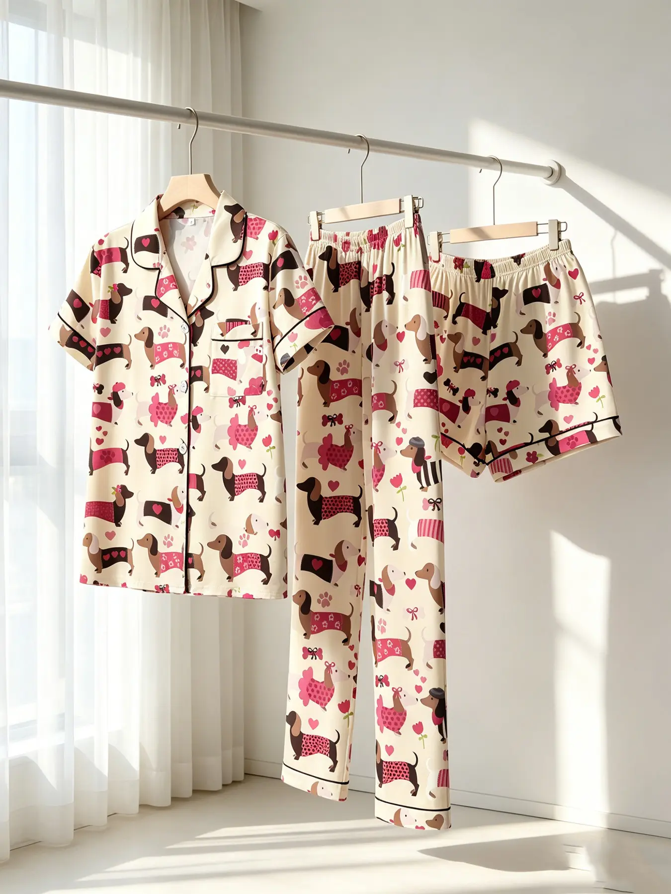 Women's 3-Piece Button-Down Pajama Set, Short Sleeve Top Shorts & Long Pants, Beige Dachshund Dog Heart Cartoon Print, All Season Wear, Loose Fit, Cute Animal Aesthetic Casual Loungewear