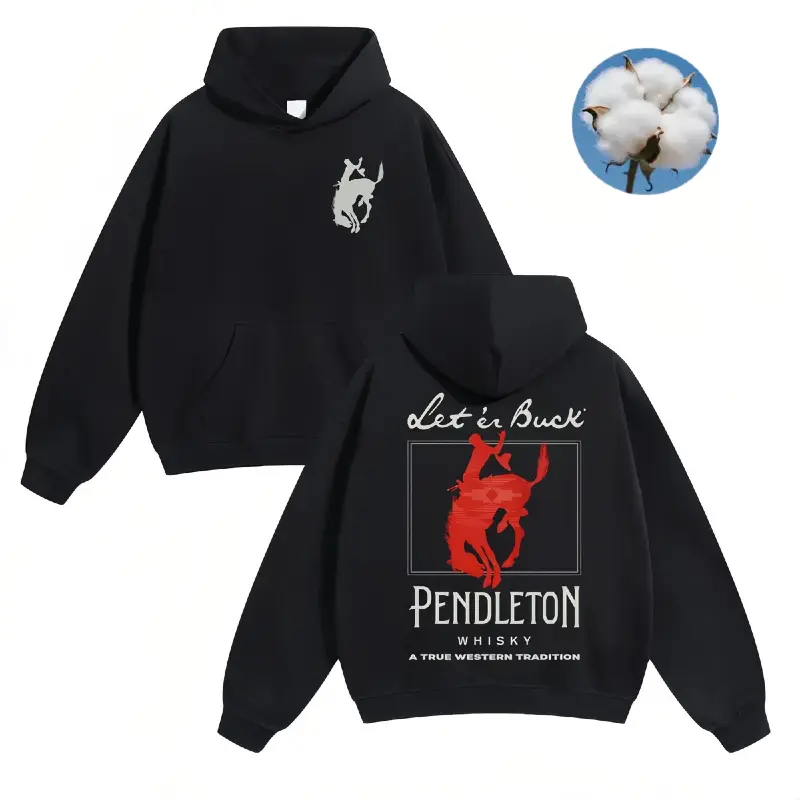 Unisex Western Graphic Pullover Hoodie, Men's Long Sleeve Let 'Er Buck Rodeo Sweatshirt, Soft Cotton-Blend Oversized Streetwear