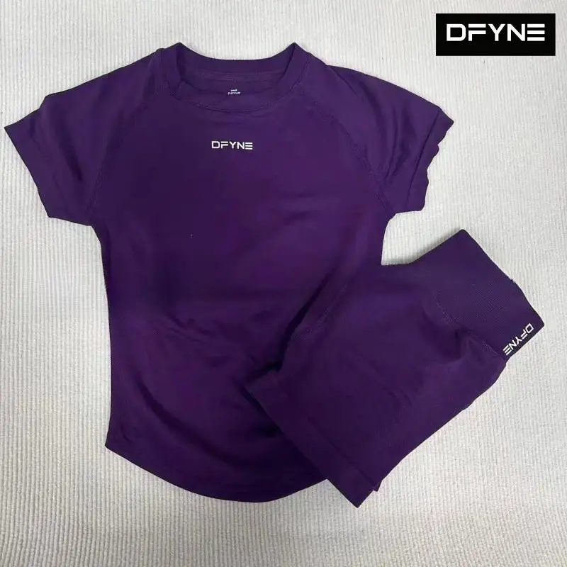 DFYNE Seamless 2 Piece Gym Set - Short Sleeve Crop Top & Tummy Control Yoga Shorts | Women's Activewear Outfits, Workout Sets Women, Cute Sets