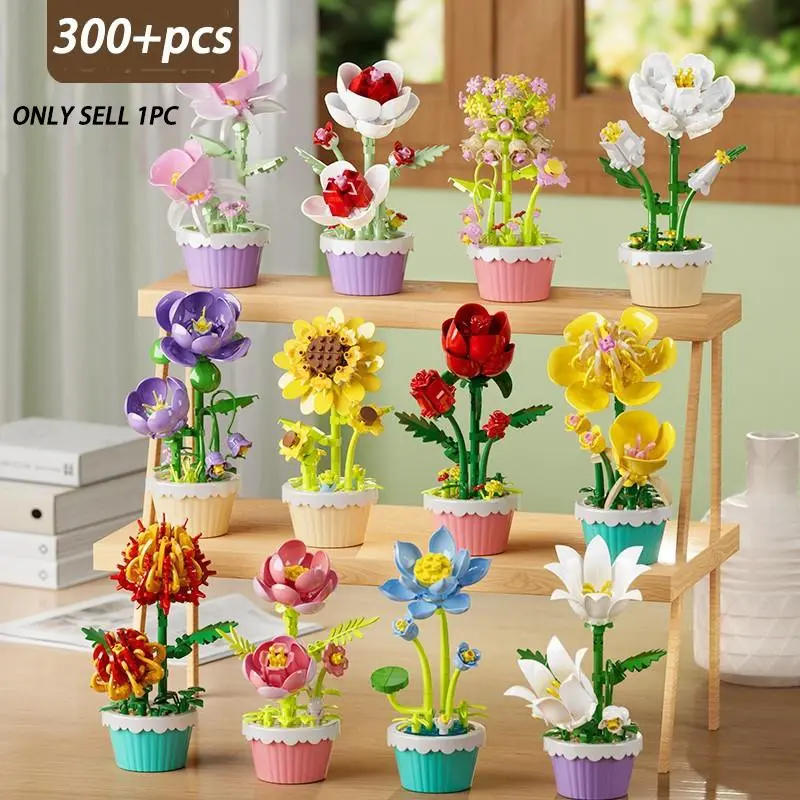 300+pcs Micro-Particle Potted Plant Building Blocks, DIY Handmade Preserved Flower Bouquet, Desktop Home Decor, Educational Puzzle Toy, Gift for Women and Moms