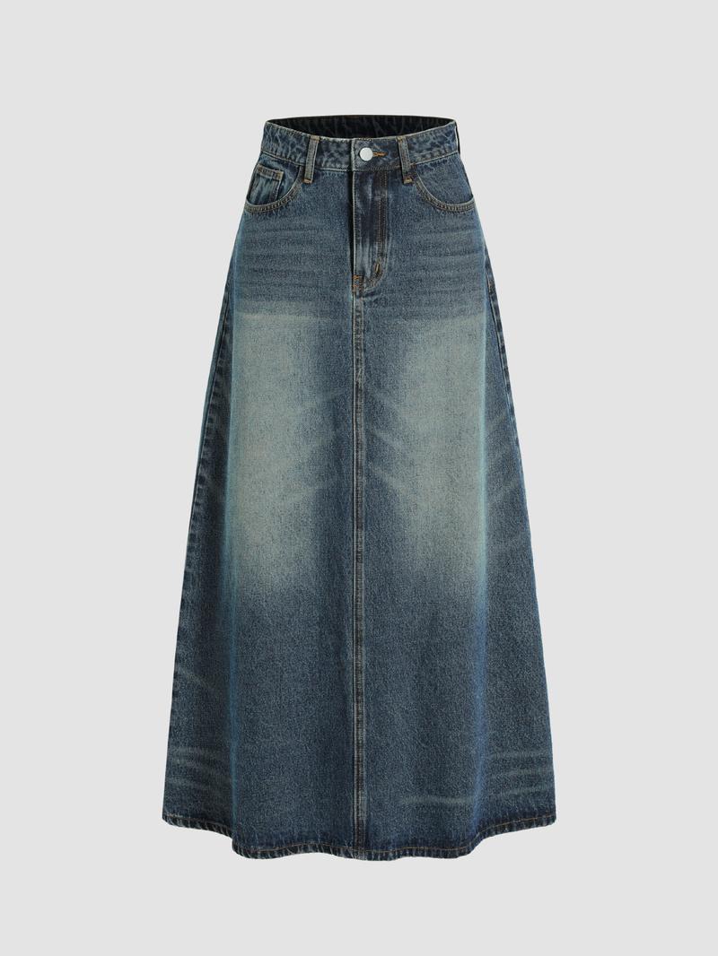 Cider [size 0-26] Denim Mid Waist Solid Pocket Maxi Skirt