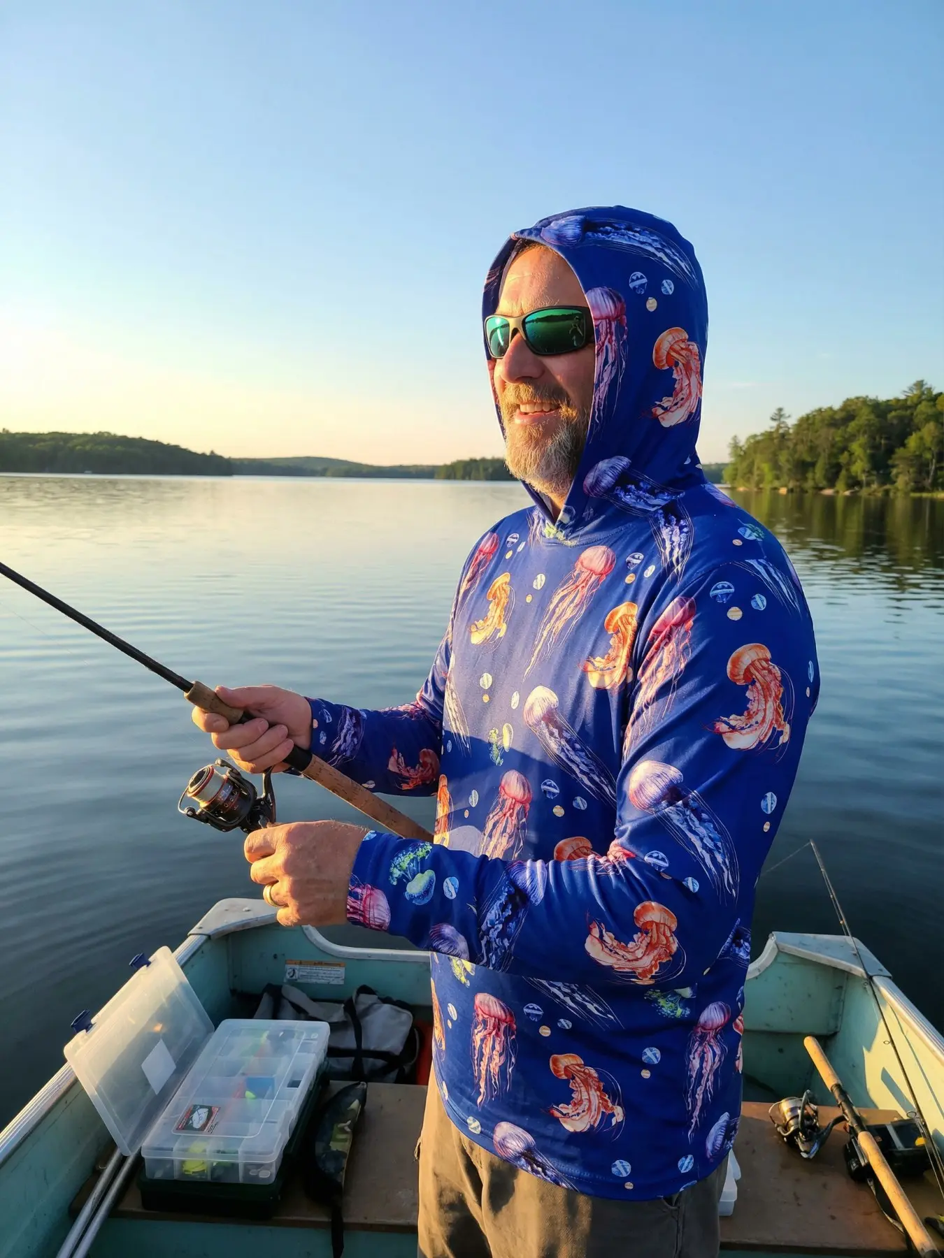 Men's Jellyfish Print Hooded Fishing Sun Protection Jacket, Quick-Dry Breathable UV Protective Outdoor Sportswear for Daily Wear