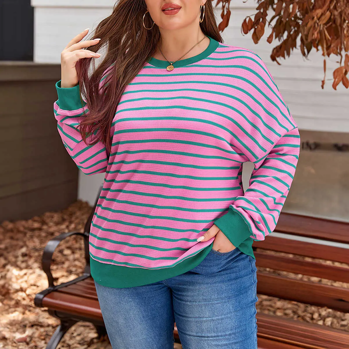 Women's Plus Size Pink Stripe Waffle Knit Crew Neck Long Sleeve Sweatshirt, Casual Style, Comfortable Knitwear, Round Neck, Striped, Tops
