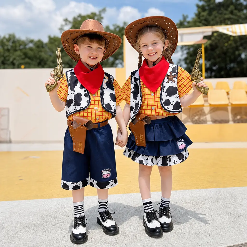 Kids Cowboy Costume Set with Hat, Red Bandana, Cow Print Vest, Western Party Performance Outfit