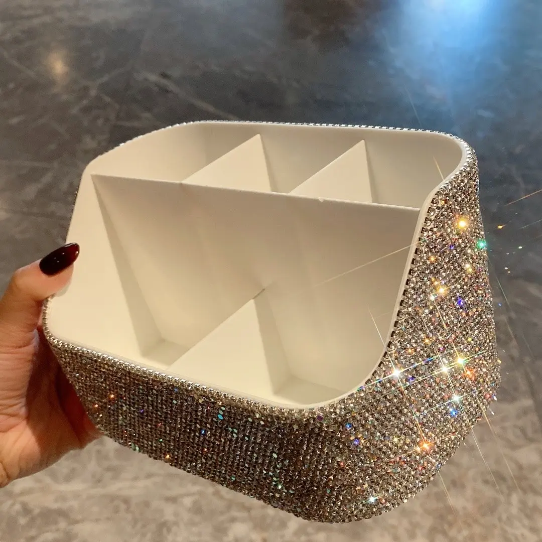 Multi-Compartment Cosmetic Organizer Box 1pc, Artificial Rhinestone Desktop Makeup Brush Lipstick Divider, Creative Storage Shelf Gift