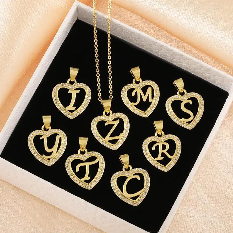 14K Gold Plated Initial A-Z Heart Pendant Necklaces, Trendy Hollow Heart Inlaid Shiny Cubic Zirconia Letter Pendant, Non Tarnish Necklaces Versatile Daily Wear & Party Jewelry Couple Necklace