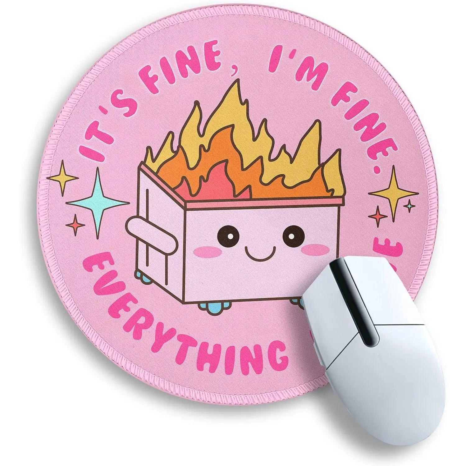 Pink Round Mouse Pad for Desk, Cute Office Decor for Women, Dumpster on Fire Small Mousepad,Stitched Edge Non-Slip Rubber Base, Personalized Computer Mouse Pads for Wireless Mouse,Desk Accessories