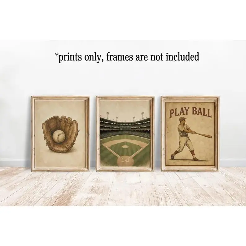 Vintage Baseball Art Prints Set, Sports Wall Decor, Baseball Nursery Art