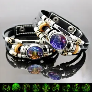 Glow in the Dark Constellation Leather Bracelet, 12 Zodiac Astrology Horoscope Wristband, Unisex for Daily Wear, Ideal Gift for Women, Metal Accessory for Daily Outfits, Cosmic Style Zodiac Jewelry, Perfect Birthday Gift