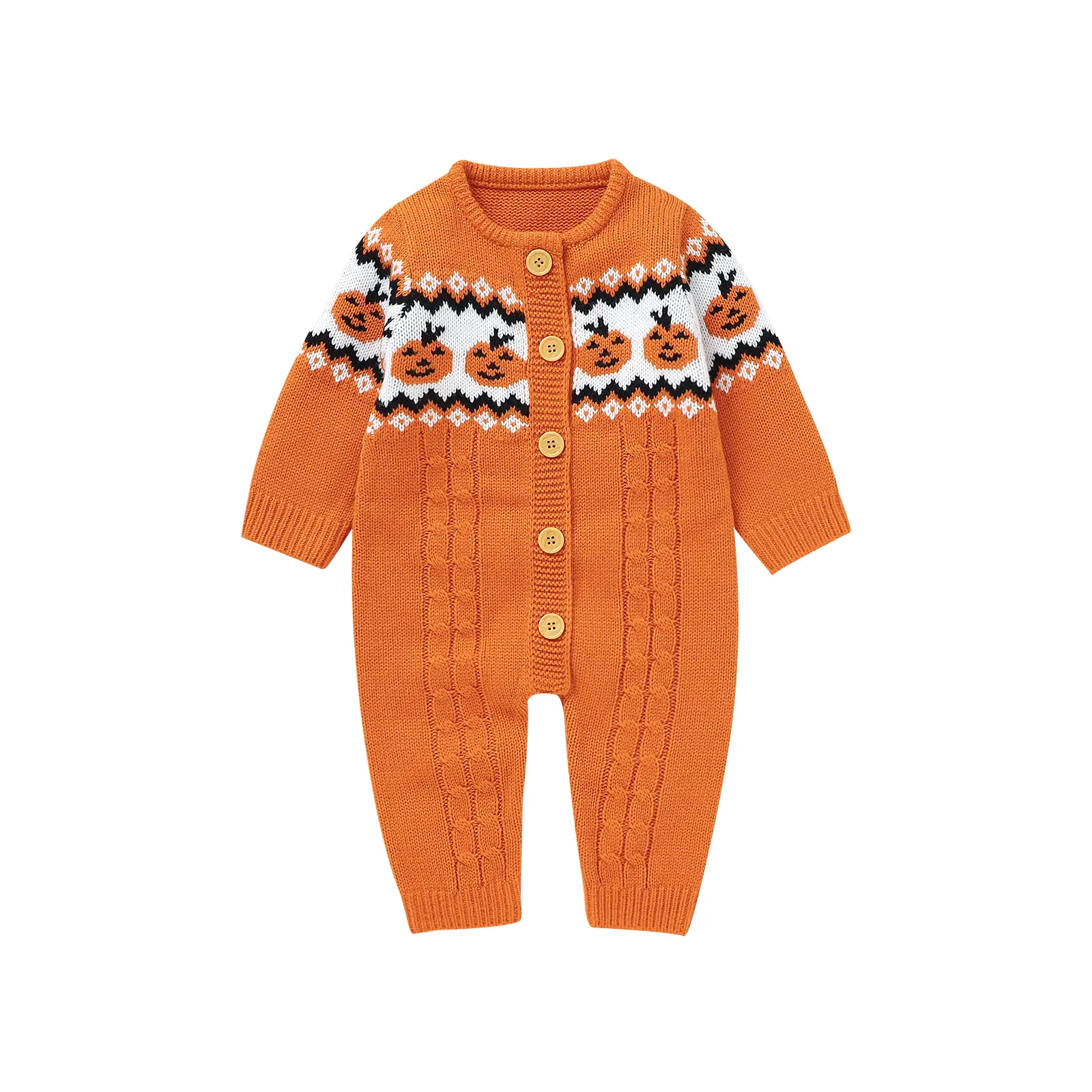Baby Halloween Romper Pumpkin Print Knit Long Sleeve Button Bodysuit Cute Newborn Fall Outfit