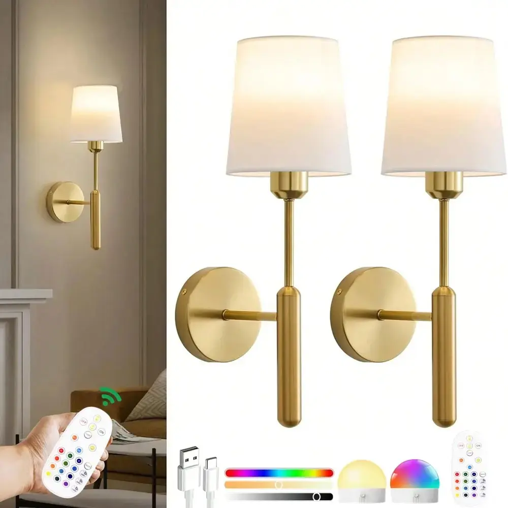 Battery Powered Wall Light, Rechargeable Wall Lamp with 2000mah Adjustable Bulb, 15 Colors Wireless, Dimmable Wall Light with Remote Controller
