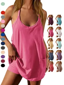Athletic Dress for Women Casual Sleeveless Spaghetti Strap Sundress Workout Short Tennis Dress with Pockets, Womens Workout Romper Dress with Attached Shorts Athletic Outfits Casual Vacation Active Wear Dress