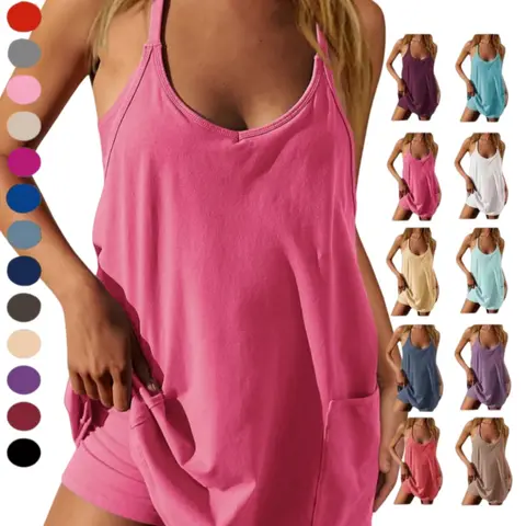 Women's Athletic Dress, Casual Sleeveless Spaghetti-Strap Design, Workout Short Tennis Dress with Pockets, Women's Workout Romper Dress with Attached Shorts, Casual Vacation Activewear Outfit, Solid Sports Dress