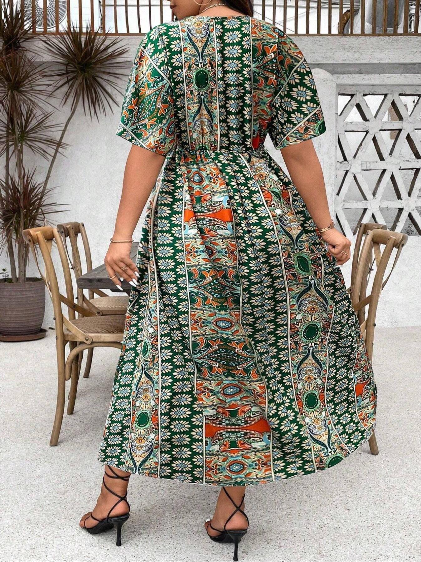 Plus Size Ethnic Pattern Ruched V Neck Dress, Bohemian Casual Floral Print Batwing Half Sleeve A-Line Dress for Summer, Women's Clothes for Beach Holiday Plus Size Ethnic Pattern Ruched V Neck Dress, Bohemian Casual Floral Print Batwing Half Sleeve A-Line Dress for Summer, Women's Clothes for Beach Holiday