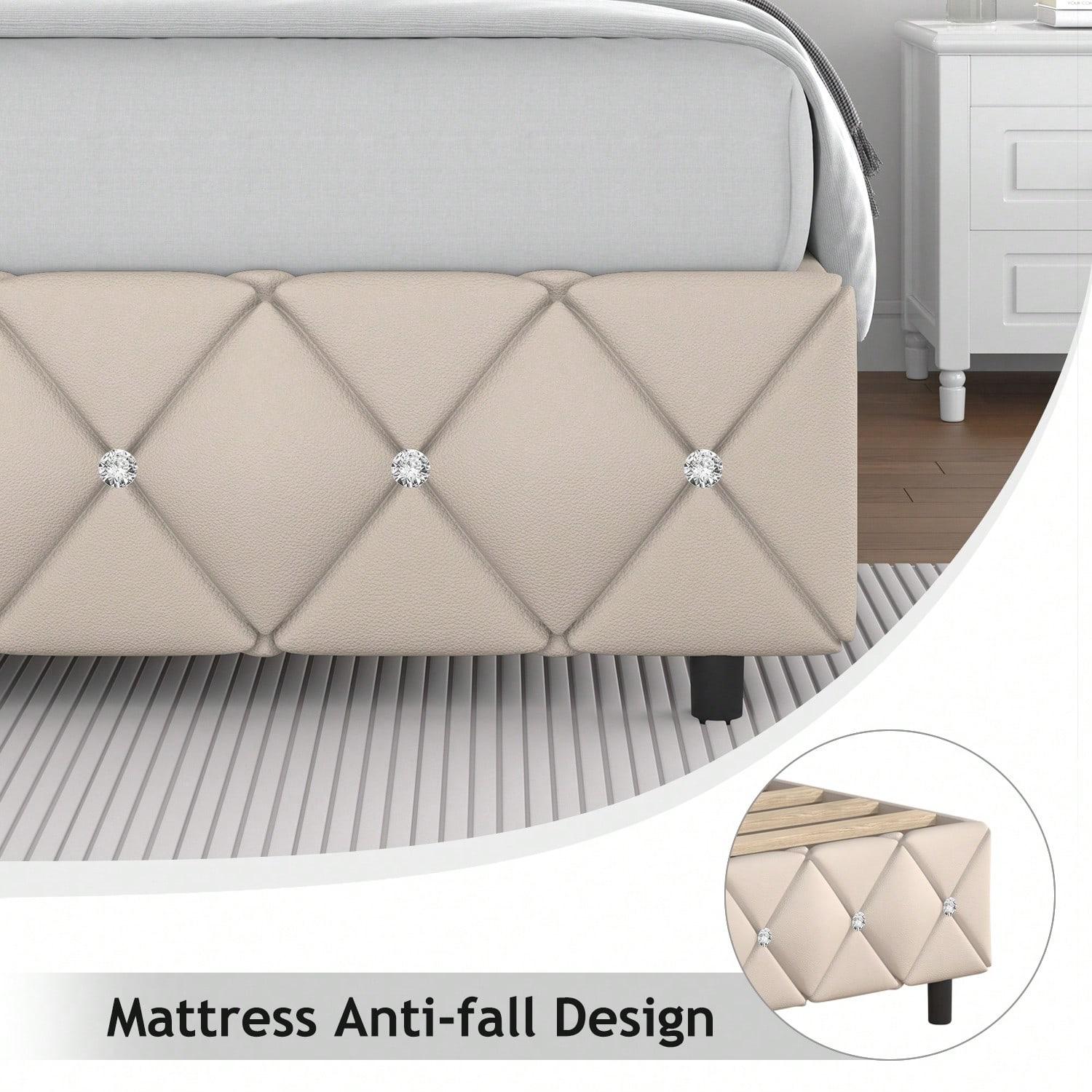Twin/ Full/ Queen/ King Size Bed Frame, Upholstered Bed Frame With Diamond Headboard And Footboard, Pearl White/ Beige/ Black/ Grey/ Pink/ Purple/ Green