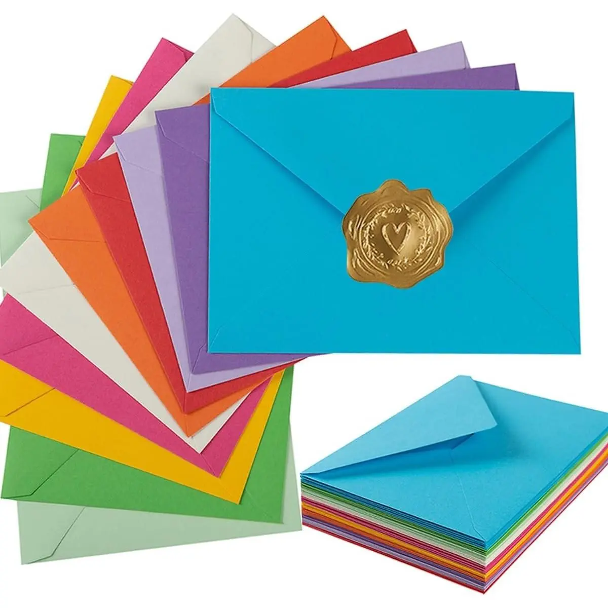 50 Pack A7 Colorful Invitation Envelopes with Gold Stickers, 5.24 x 7.24 Inches, Self-Seal for 5x7 Cards, Birthday, Wedding, Graduation, Greeting Cards, Baby ShowerGift