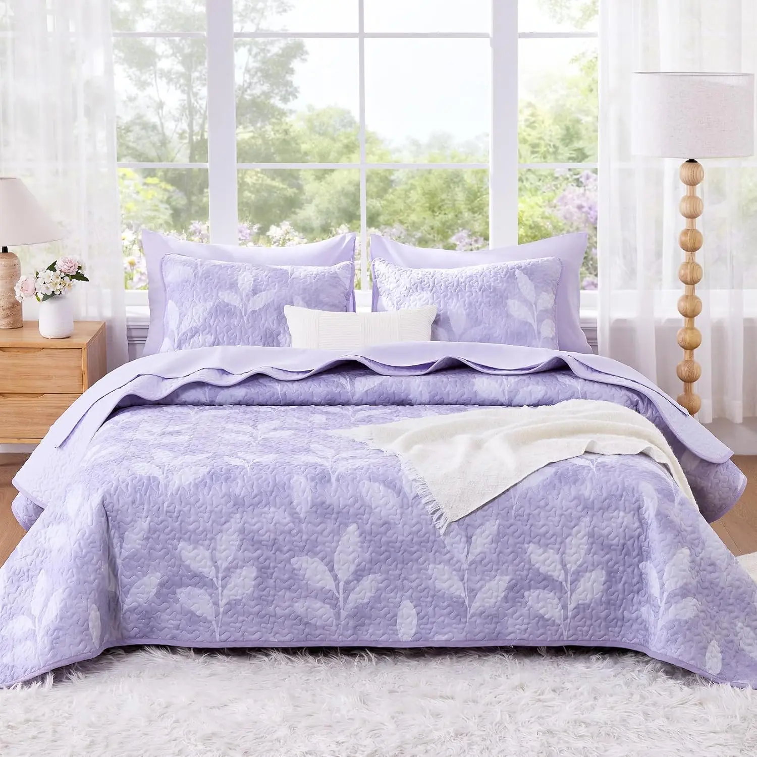 - Floral Set, Botanical Flower Leaves Farmhouse Vintage, Reversible Lightweight Bedspread Coverlet, 3 Pieces, Lavender, Twin/Twin XL Size
