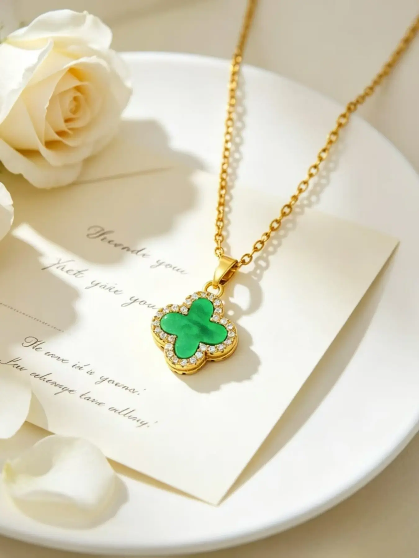 Double Layer Clover Pendant with Zircon, Colorful Enamel, Four Colors, Chain, Zircon Stones Necklace, Lucky Symbol, Perfect Gift for Valentine's Day, New Year, Birthday, Decorative Necklace