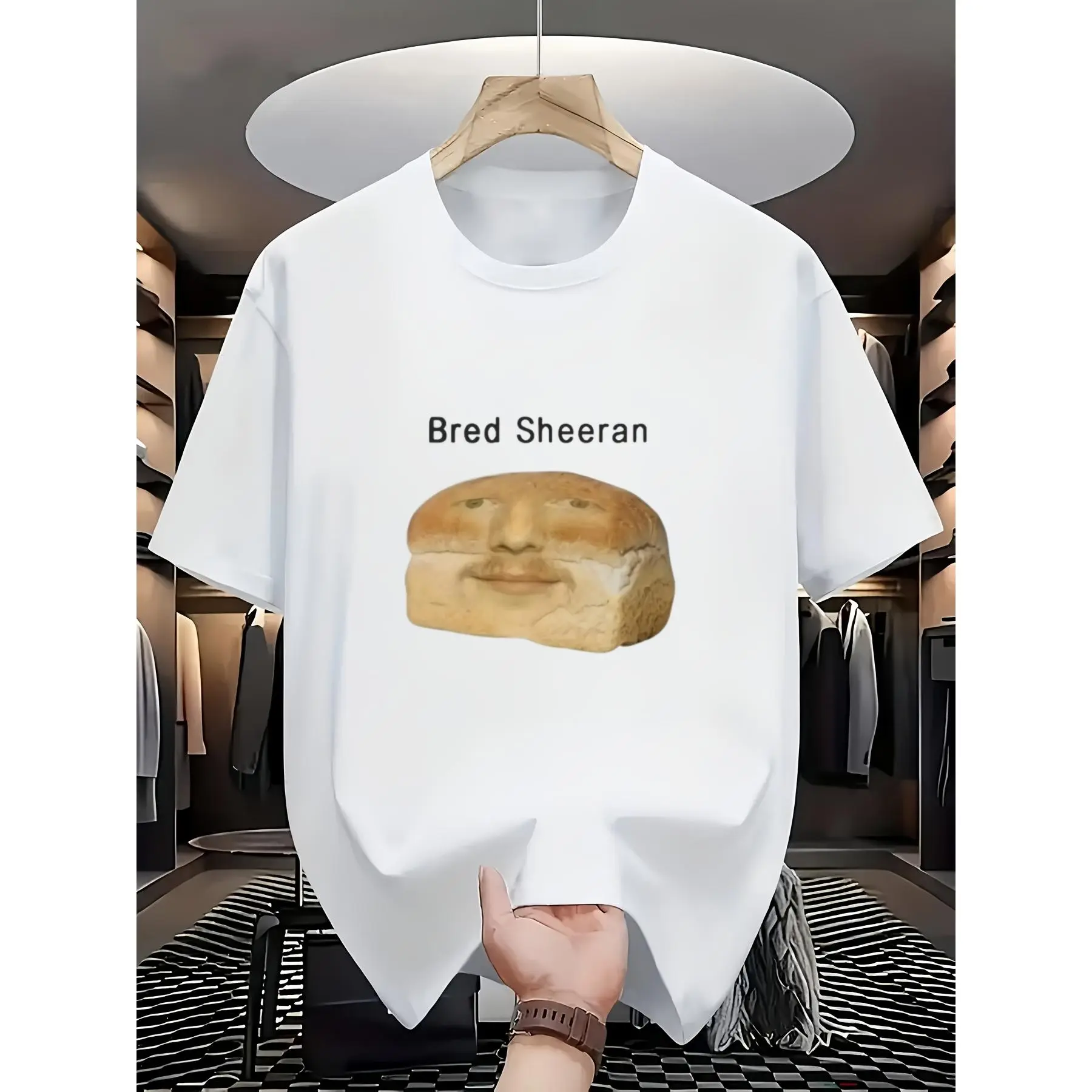 Men'S Fun Bread Face Meme T-Shirt, Featuring "Bread Sheeran" Pun And Toast Pattern - Black Base with White Print, Regular Fit Casual Short Sleeve Tee, Ideal for Music Fans, Comedy Lovers - All Seasons