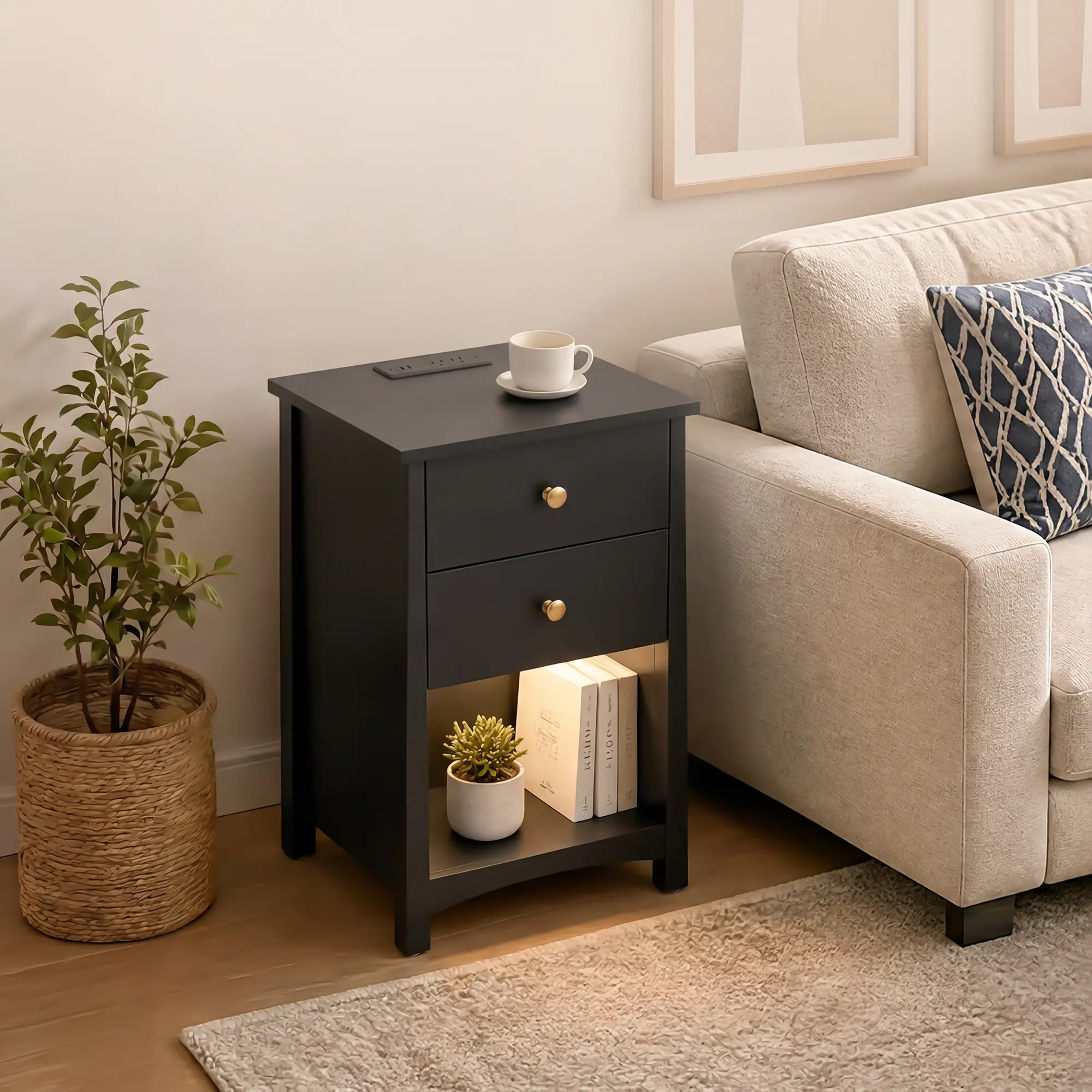 1pc Modern bedside cabinet with Charging Station – 19"W x 15.7"D x 29.5"H Bedside Table – USB Ports – Ideal for Bedroom Room Decor and Furniture Sets – Perfect for Bed and Living Room