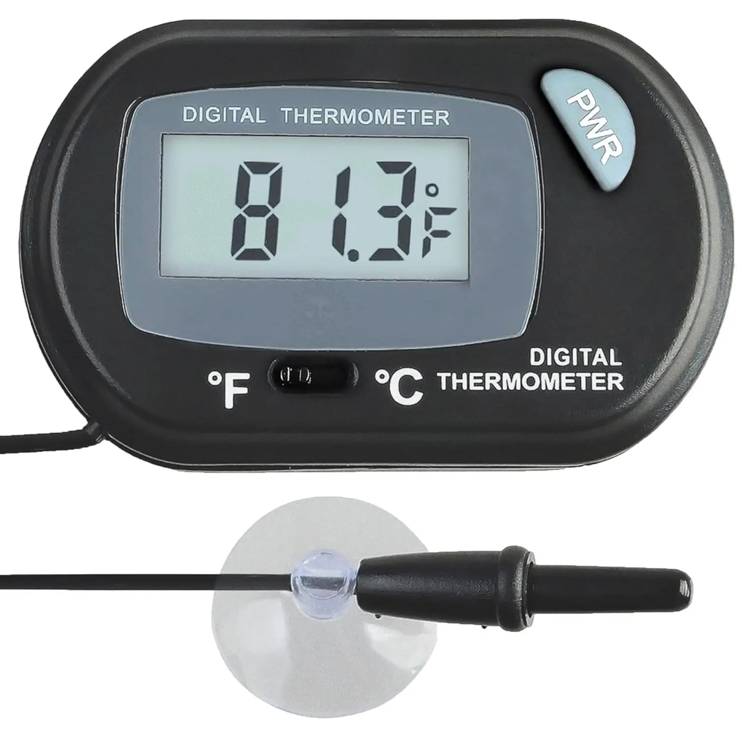 Digital thermometer for tropical aquariums, black, comes with suction cup and 1 battery, 1 piece per pack