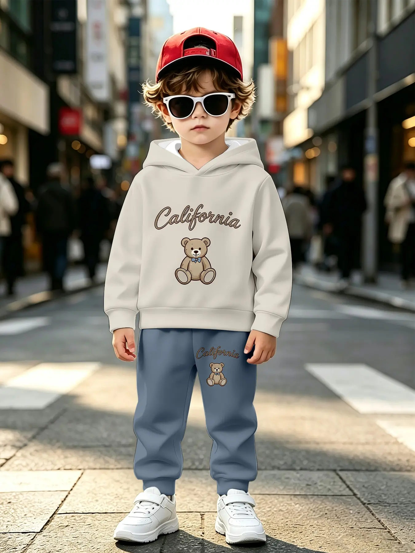 Simple Bear Boy Toddler Versatile Loose Hooded Two-Piece Set, Casual Long Sleeve Sweapants, Fall & Winter Natural Waist H-Type