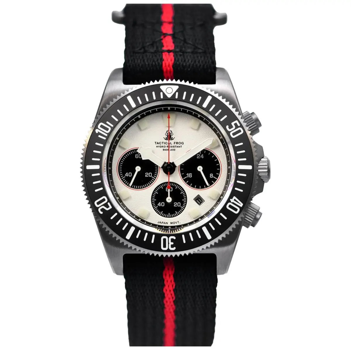 7.TACTICAL FROG Men's 40mm Panda Solar Chronograph Watch - 200M Water Resistant, VS75A Movement, Sapphire Crystal