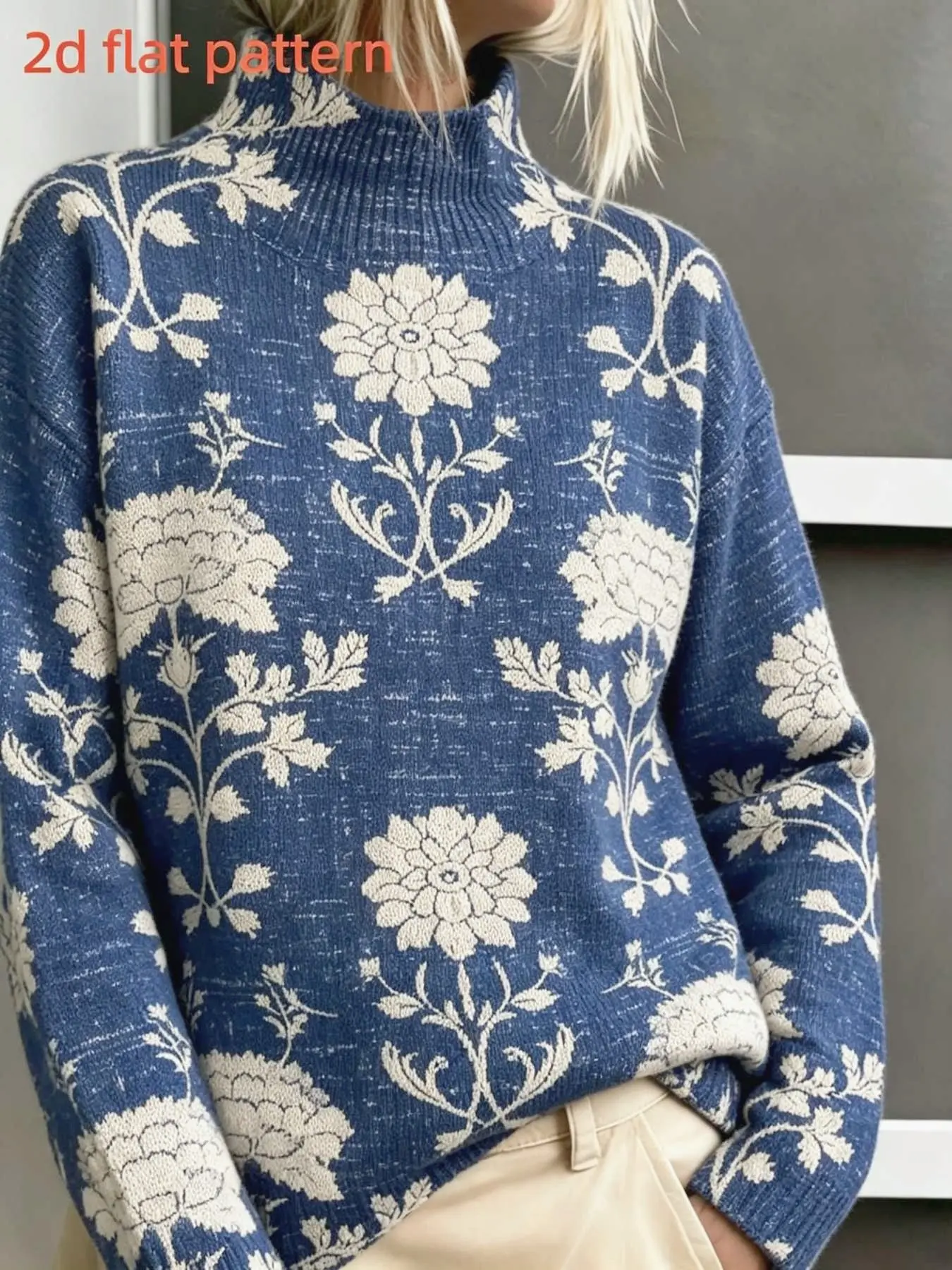 Women's Elegant Long Sleeve Sweater, High Neck Turtleneck All over Print Floral, Fall & Winter Fashion, Slim-Fitting Knit Top, Digital Printing