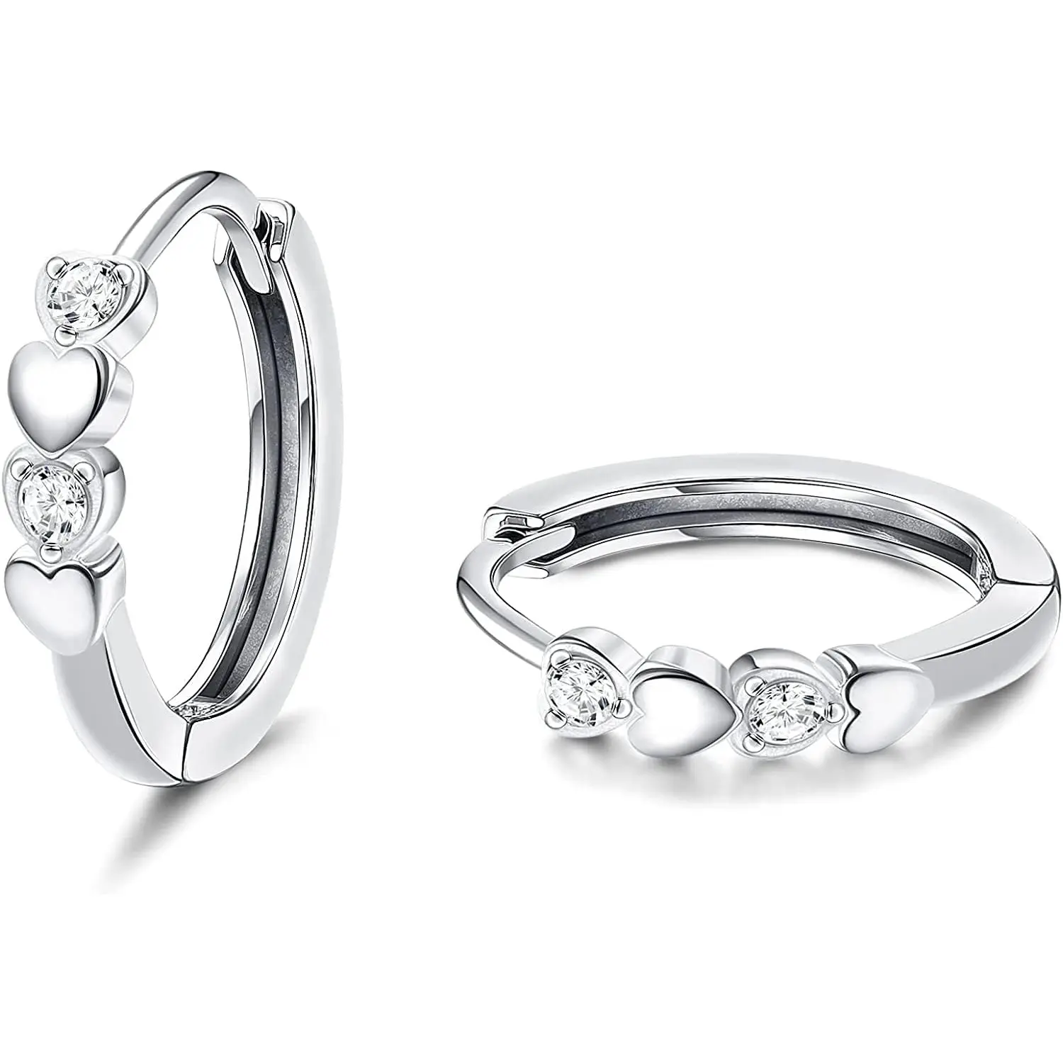 Women's Dainty Heart Shape Cubic Zirconia Sleeper Hoop Earrings - Sterling Silver, Stainless Steel, Copper Tiny Cartilage Piercings, Hypoallergenic, Stackable Set, Casual Everyday Wear Jewelry Gift