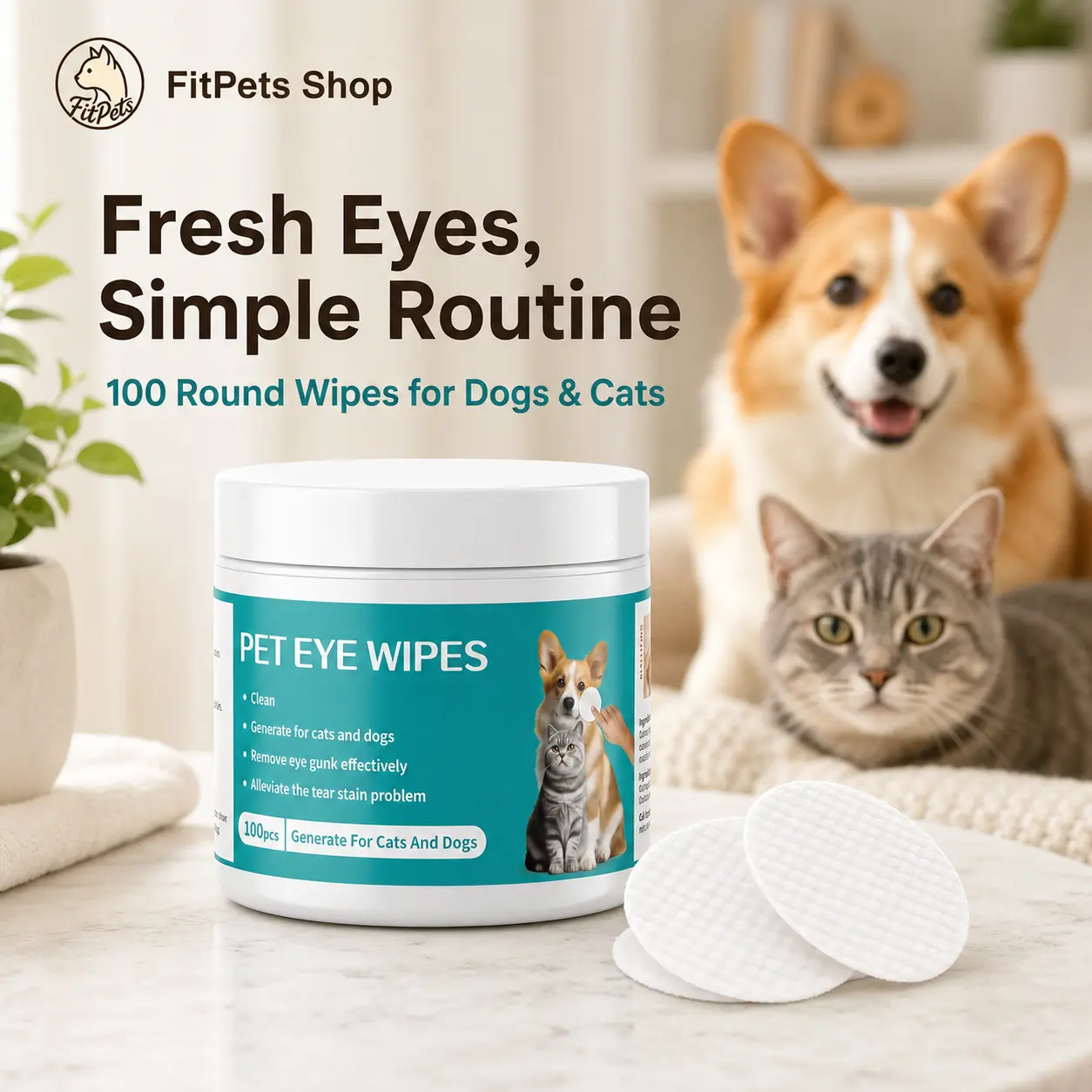 100-Count Pet Eye Wipes for Dogs & Cats - Gentle Tear Stain Remover Round Pads, Alcohol-Free Unscented Eye Gunk Cleaning Wipes for Daily Face Grooming bath