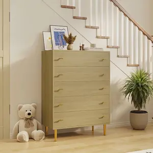 Spacious 5 Drawer Dresser for Bedroom – 43.2" Tall Modern Storage Chest with Durable MDF Build, Gold Metal Bar Handles, Rustic Organizer Cabinet for Bedroom, Living Room, Hallway