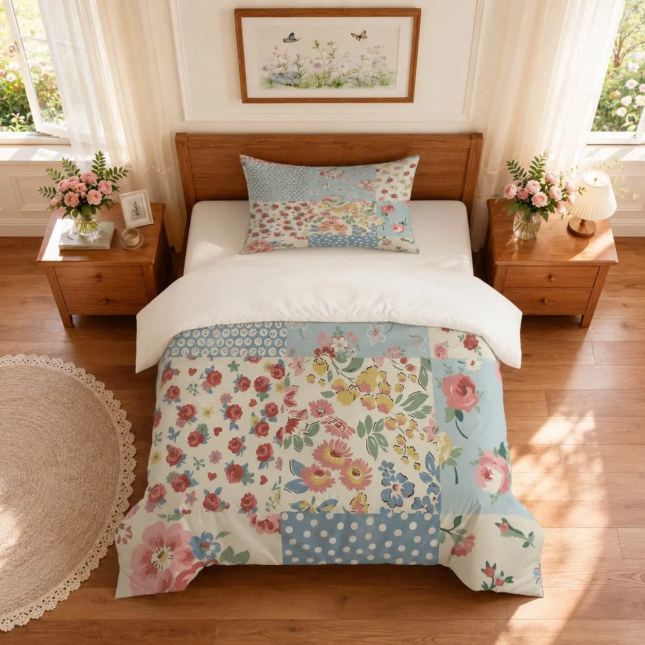 Patchwork Floral Duvet Cover Set, 2/3 Pieces (1 Duvet Cover + 1/2 Pillowcases, No Comforter or Pillow Insert Included), Cottagecore Vintage Style, Soft & Breathable Bedding, Ideal for Girls & Farmhouse Lovers Bedroom Decor