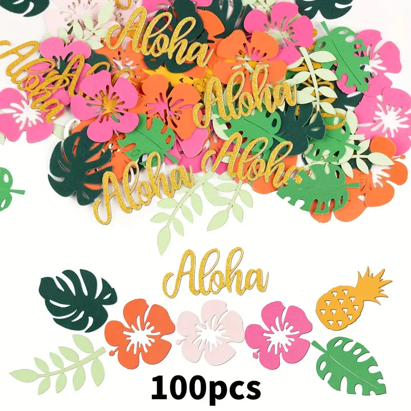 100 pieces of Hawaiian-themed summer green leaf and flower confetti, with mixed decorations of sequins and letters for a finished scene decoration and sparkly powder spray.