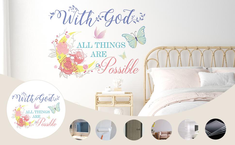 SICANDAENHK Brighten your space with these colorful Bible verse wall decals!"With God All Things are Possible" inspirational quote paired with lovely flower & butterfly designs, perfect for bedroom & living room decor🌸✨