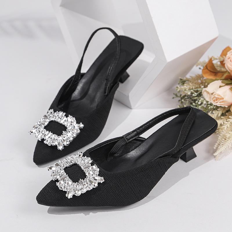 Women Summer Sandals with Rhinestone Square Buckle Fairy Style Open Back French Style Thin High Heel Pointed Toe Shoes