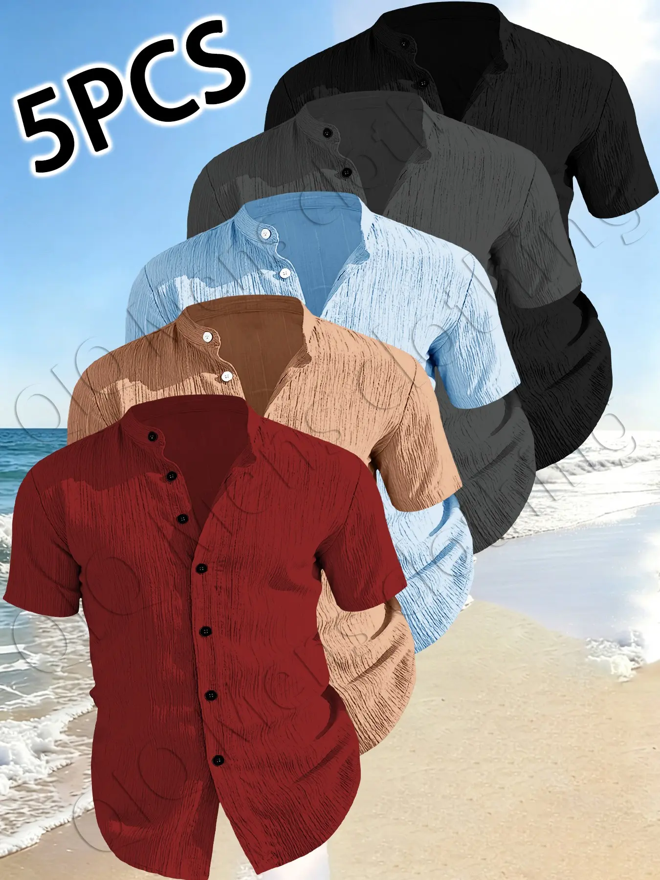5-Pack Men's Solid Collar Shirts, Summer Short Sleeve Button-Up Tees, Beach Vacation Outdoor, Vintage Casual Elegant
