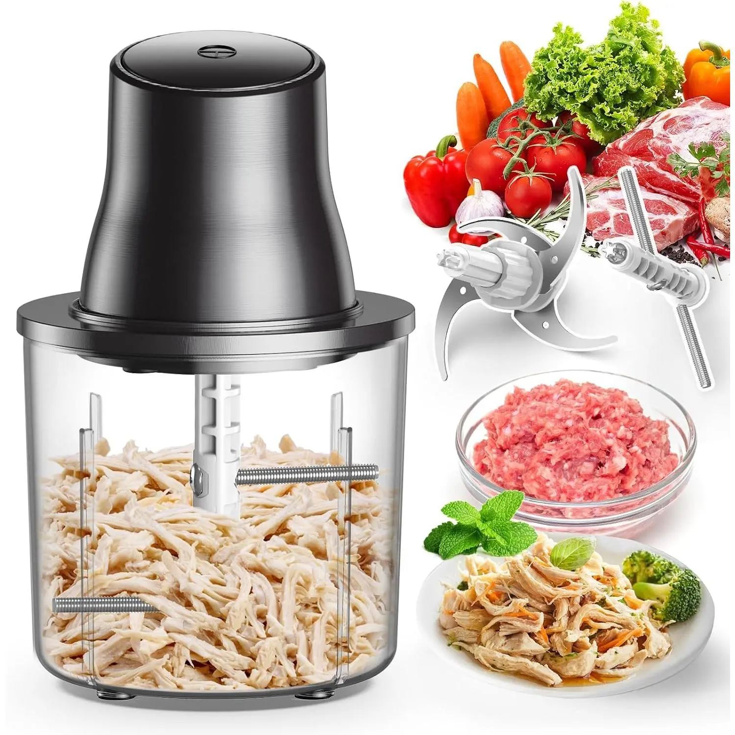 Food Processors, 2 IN 1 Electric Chicken Shredder &Food Chopper with 250W Copper Motor,1.5L Bowls & 2 Bi-Level Blades,One-Touch Electric Chicken Breast Shredder Tool-Smart Overheat Protection