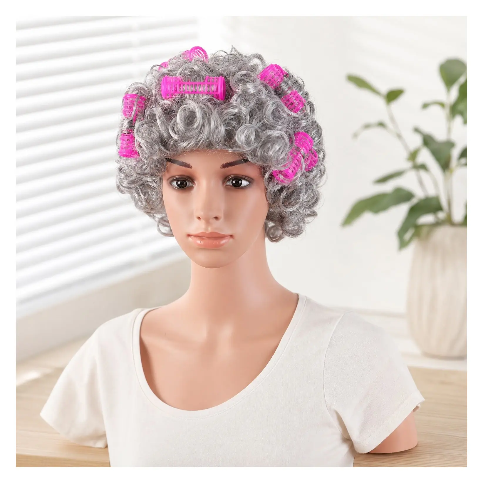 Curly Silver Grey Granny Wig for Women, 4 Inch Short Costume Hair with Rollers, 11cm Grandmother Cosplay WigGift