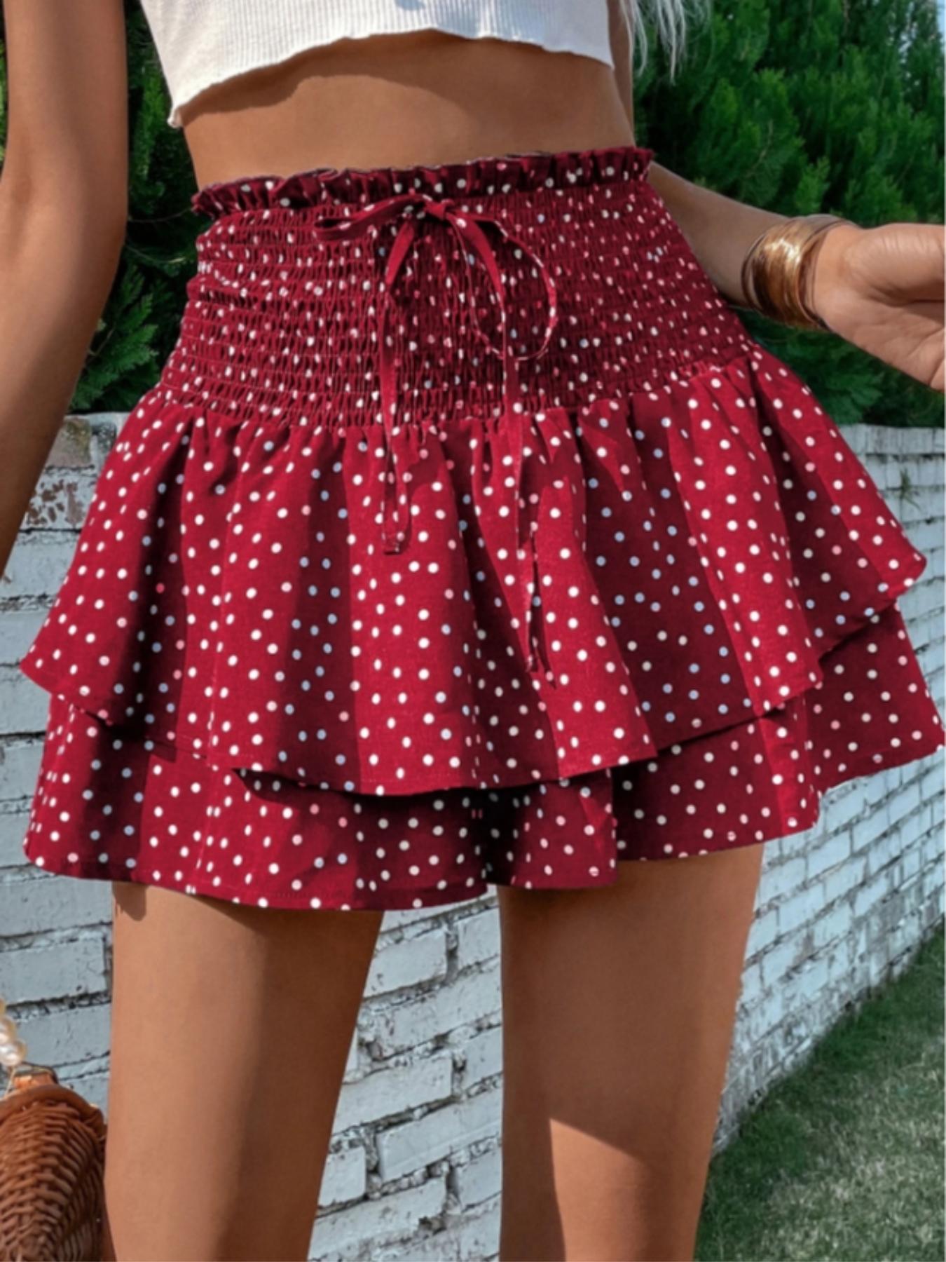 Women's Floral Print Woven Frill Trim Shirred Tiered Layer Shorts, Casual Loose High Waist Tie Front Drawstring Wide Leg Shorts for Spring & Fall, Women's Bottoms for Daily Wear