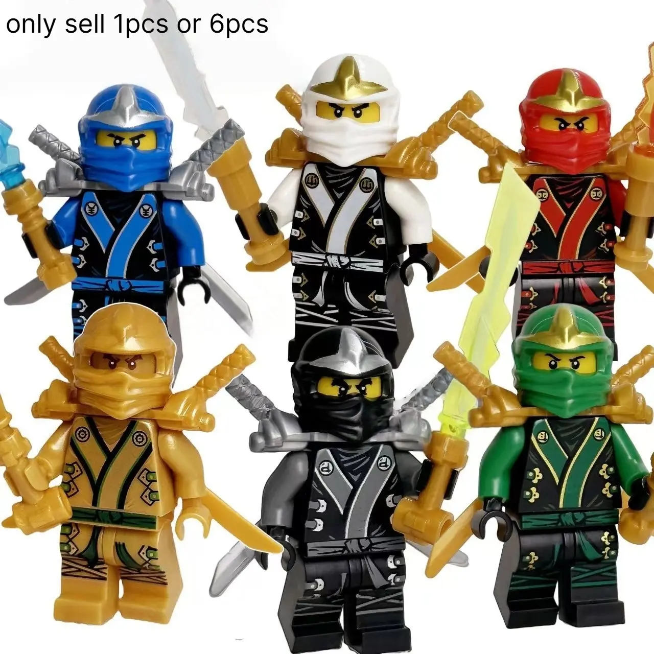 Samurai and Ninja Style Minifigure Building Blocks, Set of 6 Minifigures with Accessories, Compatible Building Block Assembly Models