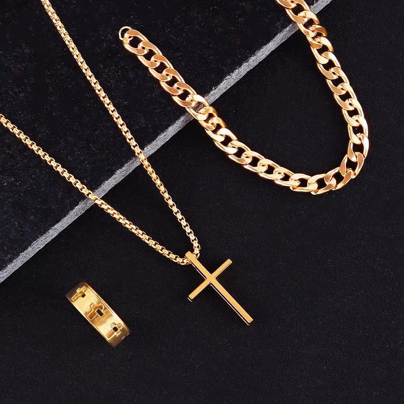 3-Piece Cross Jewelry Set – Vintage Minimalist Necklace, Bracelet, & Ring, Unisex Accessory for Everyday Wear, Perfect for Gifting & Stylish Daily Looks