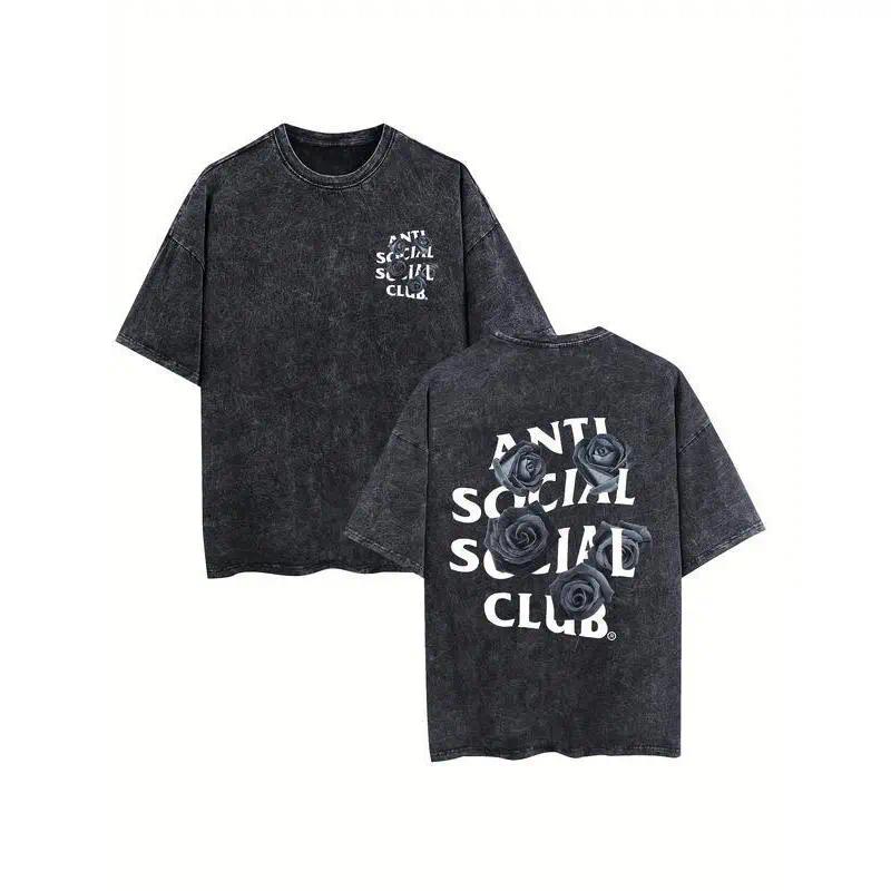 Anti Social Social Club Men's Rose Graphic Vintage Washed Heavy Cotton T-Shirt Retro Double-Sided Water Wash Top - Casual, Womenswear