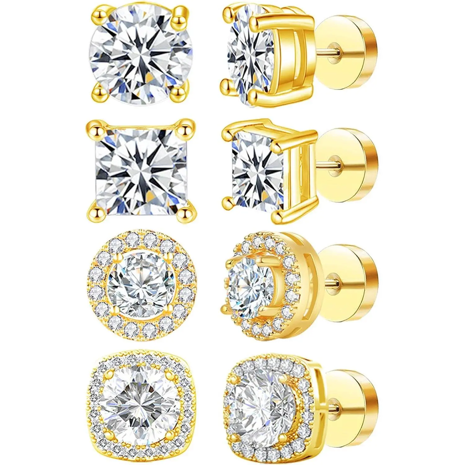 4 Pairs Stainless Steel Stud Earrings for Men  Earring Flatback Earring Screw    Studs Inlaid Cubic Zirconia Stud Earrings for Women Men