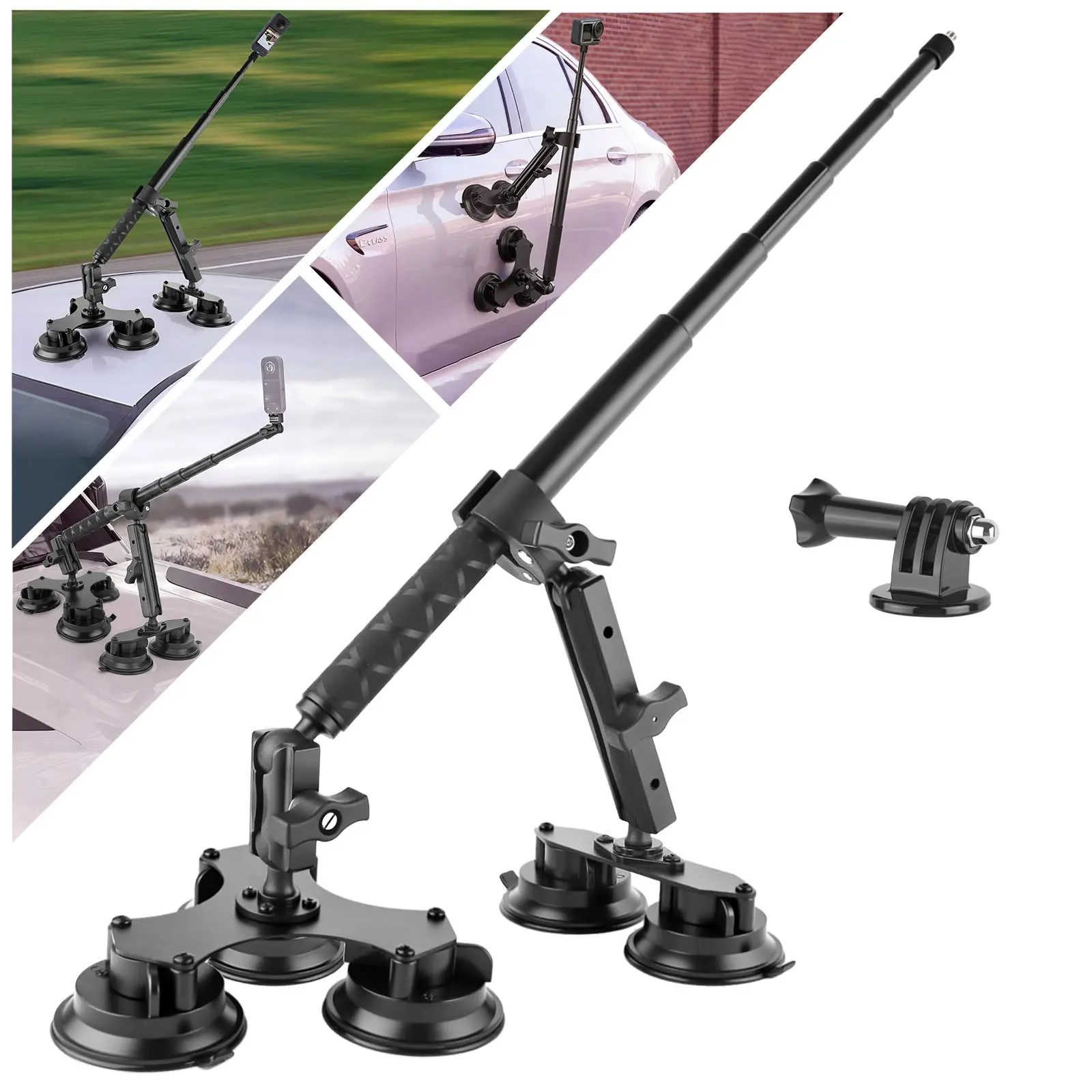 New Car Mount Kit for Insta360 X5/x4/x3, Gopro Hero 13/12/11/10, Dji 360, Includes 5 Suction Cups and Extension Rod for Low Angle Shots