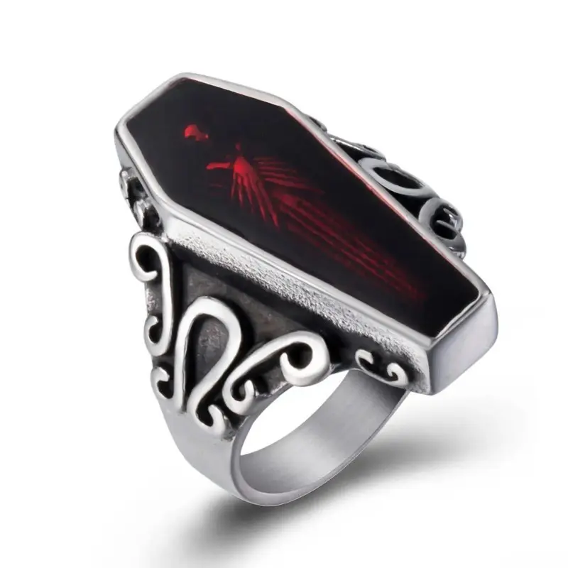Gothic Rings for Men, Vintage Vampire Coffin Skull Ring in Stainless Steel with Red Enamel, Male Punk Rock Jewelry, Prom, Vintage Ring cute cherry design bag charm little girl stylish backpack sparkly ribbon bow keychain car bracelet