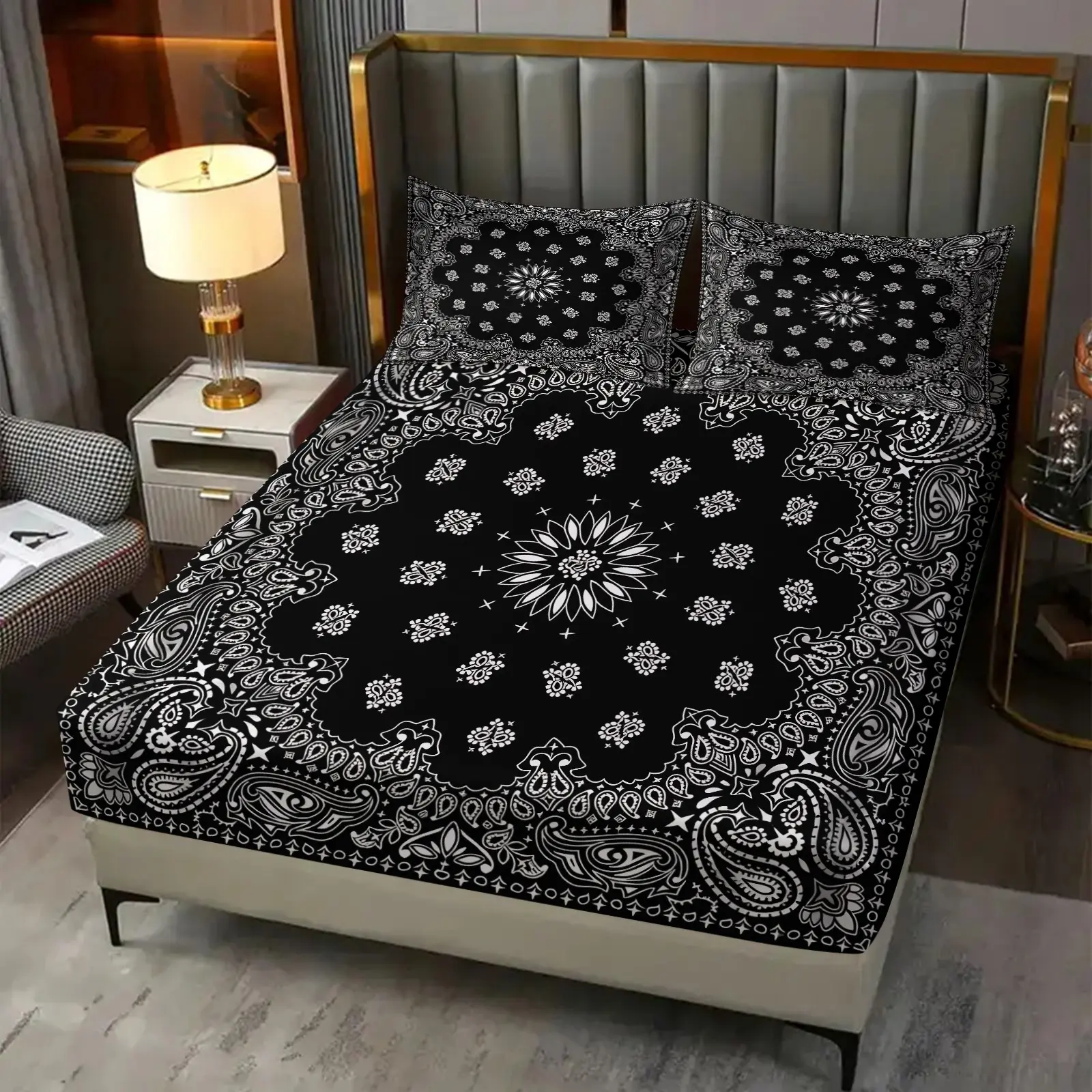 3-Piece Black And White Paisley Bandana Mandala Fitted Sheet Set, 1 Fitted Sheet & 2 Coreless Pillowcases,Traditional Bohemian Ethnic Style Bedding, Breathable Soft Fabric With Deep Pocket Anti-Slip Design, Unique Trendy Neutral Style For Bedroom Decor