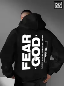 Men Oversized Fear God Psalm 128:1 Print Hoodie 4 Seasons Loose Plus Size Long Sleeve Hooded Sweatshirt Rare Aesthetic Casual Daily Streetwear Pullover For Fall Winter Everyday Outdoor Wear
