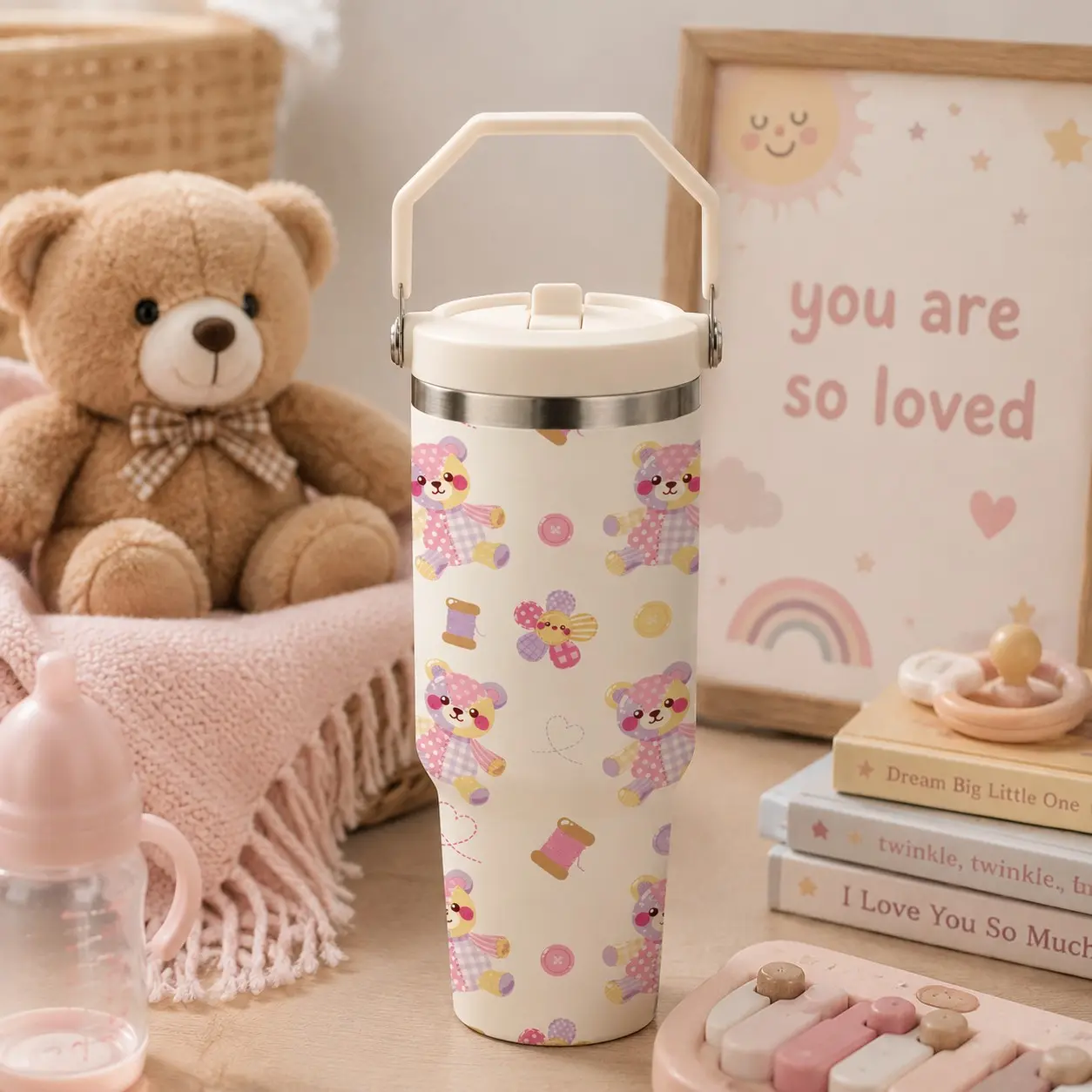 1PC 40oz Cute Teddy Bear Insulated Tumbler with Handle, Kawaii Pink Bear Print Stainless Steel Water Bottle, Double Wall Vacuum Travel Cup, Leakproof Coffee Mug, Cold Drink Cup for School Office Home, Adorable Gift for Girls Friends Family Birthday Christ