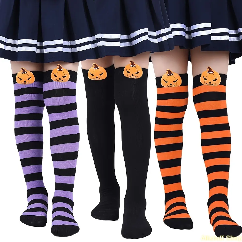 1 Pair Halloween Socks Socks Striped Black New Pumpkin Doll Long Socks Cute Cartoon Doll Socks Over-The-Knee Socks