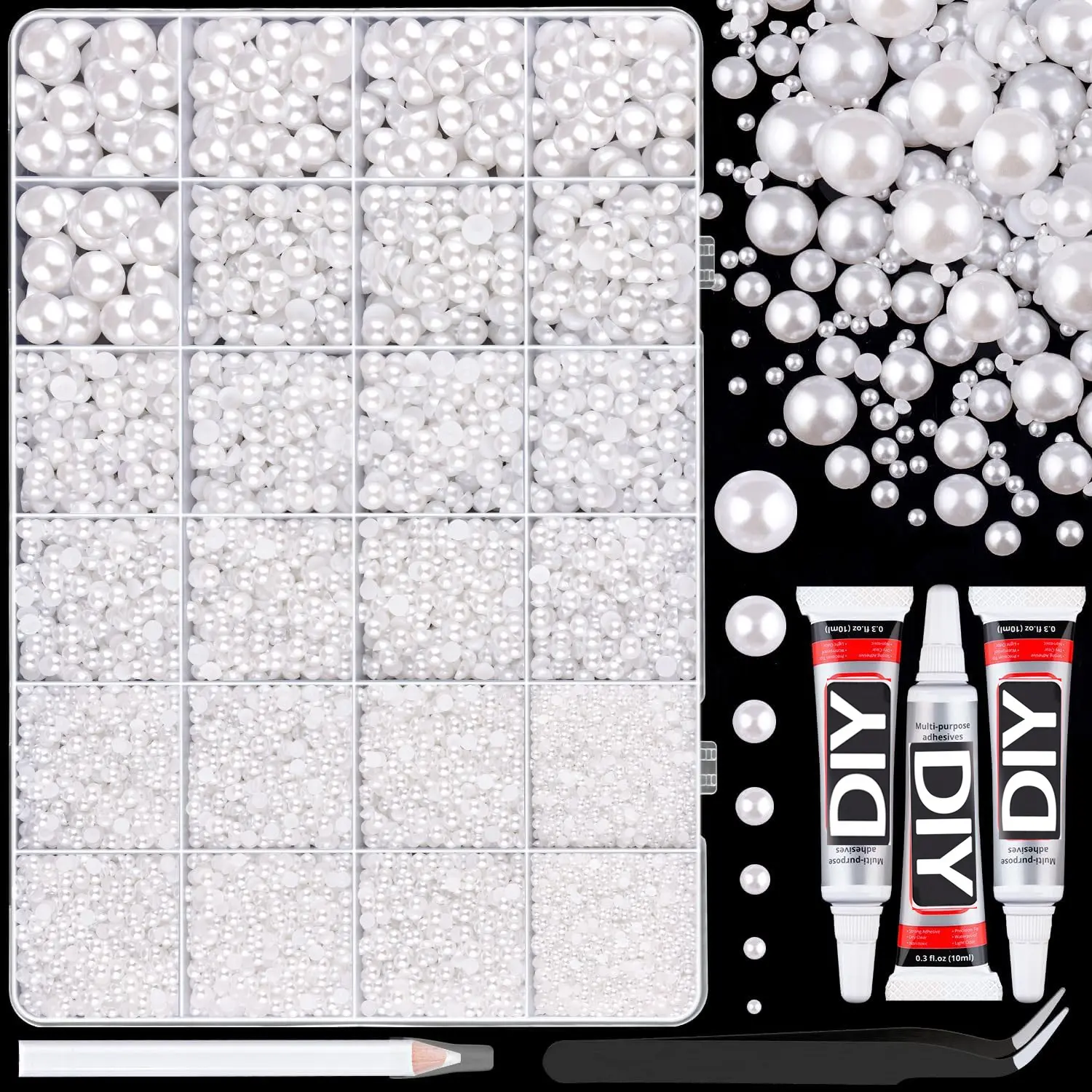 24 Grids Multi Size White Half Pearl Nail Art Kit with 3Pcs DIY Glue, Tweezers & Pick Up Pen, Imitation Flat back Pearl Beads for Nail Manicure, Shoes, Wedding Decor & DIY Handcraft Projects，Nail Art Rhinestones 、 Flat back Crystals。Book Cover。Bling Kit